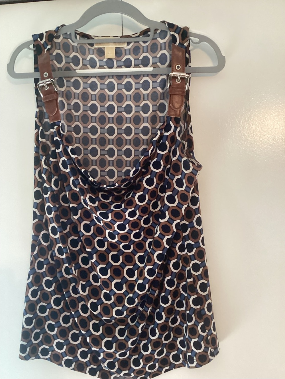 Michael Kors Navy, Brown & Cream Geometric Cowl Neck Tank